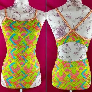 Vintage‎ 90s/00s Dolfin Uglies Swimsuit Size 34 (XS/S) One Piece Neon Pink Blue